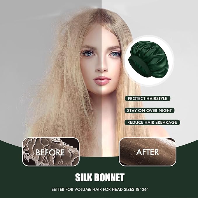 Satin Silk Bonnet for Sleeping, Double Layer Silk Sleep Cap for Men & Women, Soft Satin Lined Bonnet for Natural & Curly Hair(Dark Green)