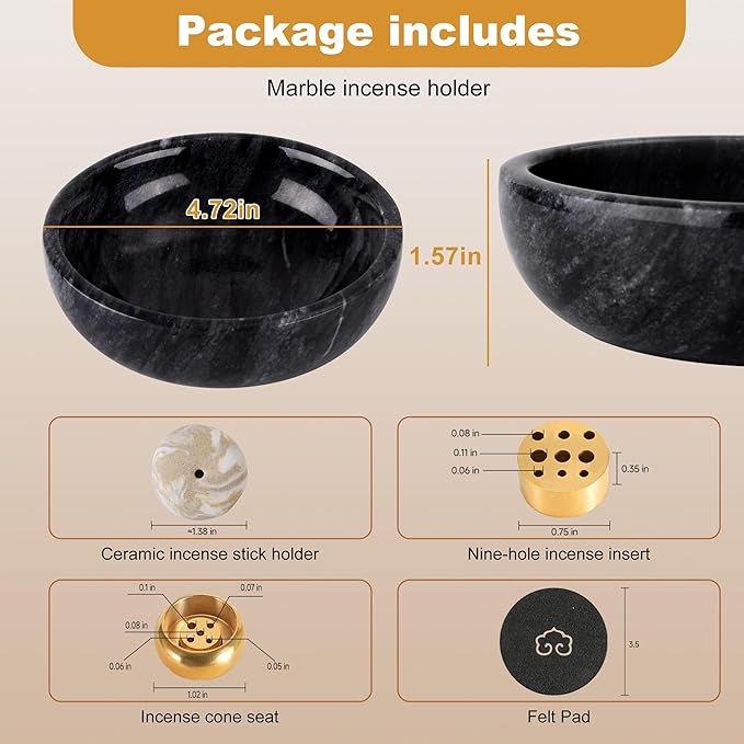 Marble Incense Holder Bowl with Brass Burner – Natural Hand-Polished Stone Incense Burner for Sticks, Cones, Palo Santo & Sage – Ash Catcher for Meditation, Yoga & Home Decor