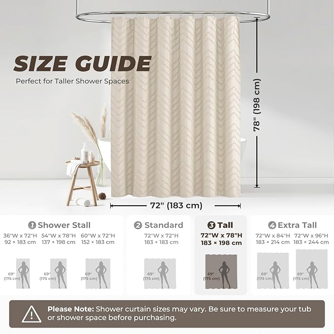 Tall Shower Curtain 78 Inches Long Beige Shower Curtain Boho Cute Chic Tufted Chevron Textured Striped Modern Minimalist Shower Curtains for Bathroom