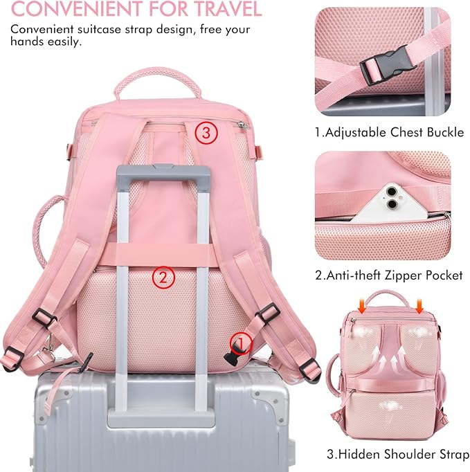 Beraliy Travel Backpack for Women, Airline Approved Bag, Carry On Waterproof Hiking Backpack, 16 inch Laptop Backpack, Overnight Bag, Pink