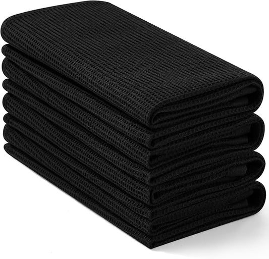 Homaxy 100% Cotton Waffle Weave Kitchen Towels - 4 Pack Soft and Absorbent Dish Towels - 16 x 26 Inches Quick Dry Hand Towels - Black