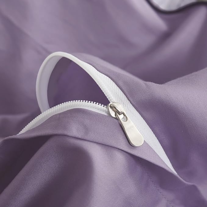 mixinni Garden Style Purple Floral Printed on White Duvet Cover Queen Size Flower Leaves Pattern Long Staple Cotton Bedding Set with Zipper Ties for Him and Her, Easy Care, Soft and Breathable