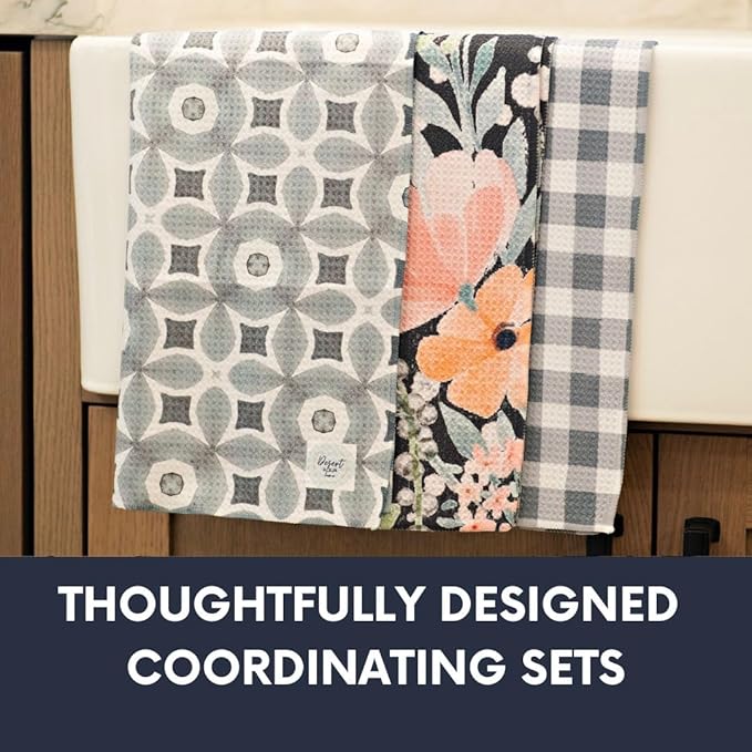 || 3 Pack Double Sided || Not Your Ordinary Kitchen Towel || Dish Towels || Waffle Weave Microfiber || Highly Absorbent || Hanging Loop || Dish Cloths || Designer Prints (Gray)