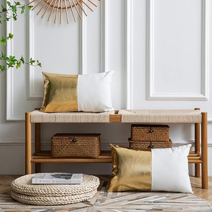 DEZENE Leather Throw Pillow Covers, Set of 2 Modern Leather/Cotton Decorative Pillowcases for Home Decor Bedroom Living Room Couch Bed Sofa, 12x20 Inch, Gold and White