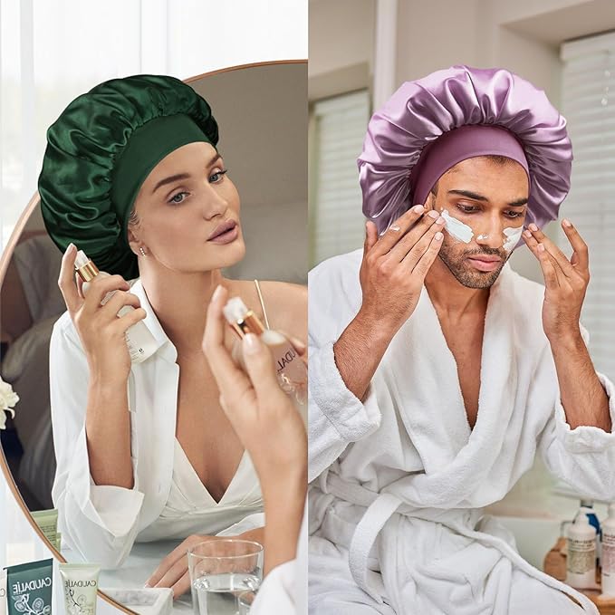 Satin Silk Bonnet for Sleeping, Double Layer Silk Sleep Cap for Men & Women, Soft Satin Lined Bonnet for Natural & Curly Hair(Dark Green)