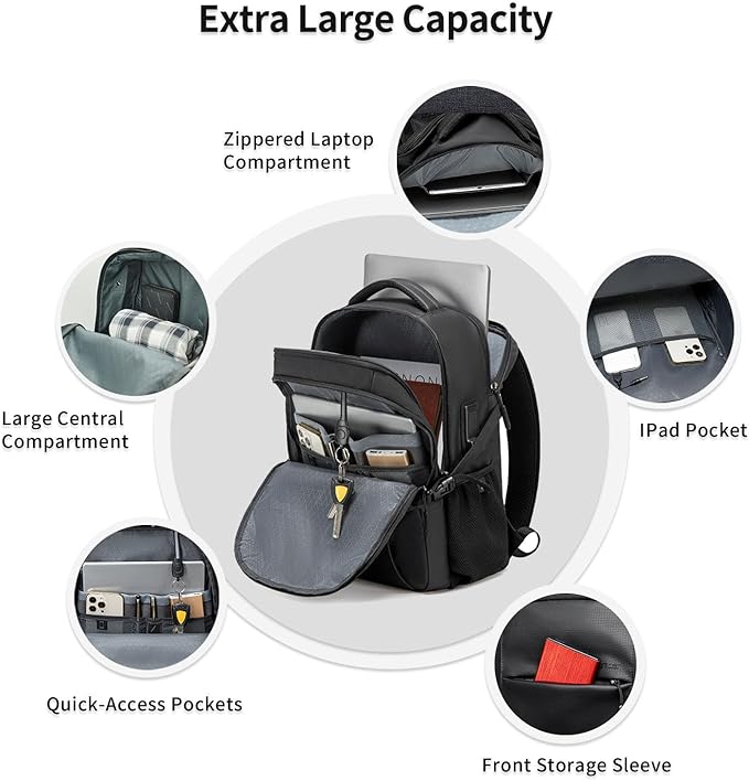 Business Laptop Backpack for Men Work Commuting, 30L Large Travel Carry On Backpack Flight Approved for Airplane, Professional Adult College Backpacks Casual Daypack, Black