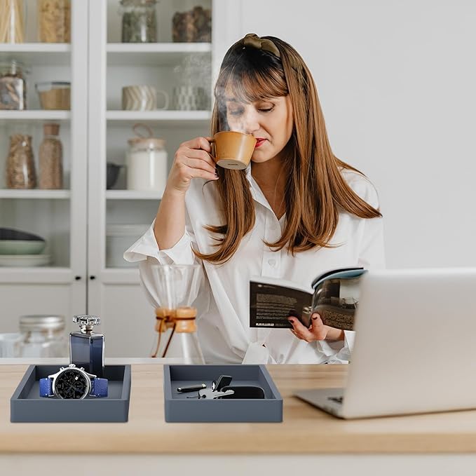 BBK Bathroom Vanity Tray 7.8 in - 2 Pack(Small) Silicone Bathroom Tray for Counter, Perfume Key Trinket Ring Tray, Decor Soap Dispenser Countertop Tray for Kitchen Sink Organization (Gray)