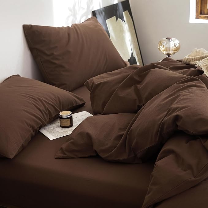 FOSSA Duvet Cover Set 100% Washed Cotton Linen Feel Super Soft Breathable Cozy 3 Pieces Bedding Sets Solid Cocoa Brown Oversized Queen