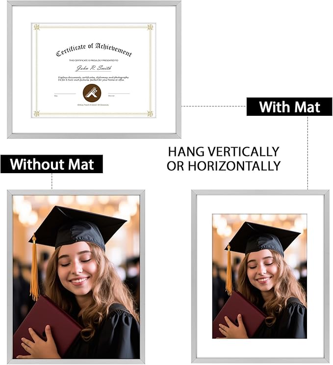 Golden State Art 14x11 Picture Frame 3 Pack - Aluminum Frames with 8.5x11 Removable Mats & Real Glass, Display 11x14 Photos or 8.5x11 Certificates - Silver Gallery Wall Frames for Home Office Decor