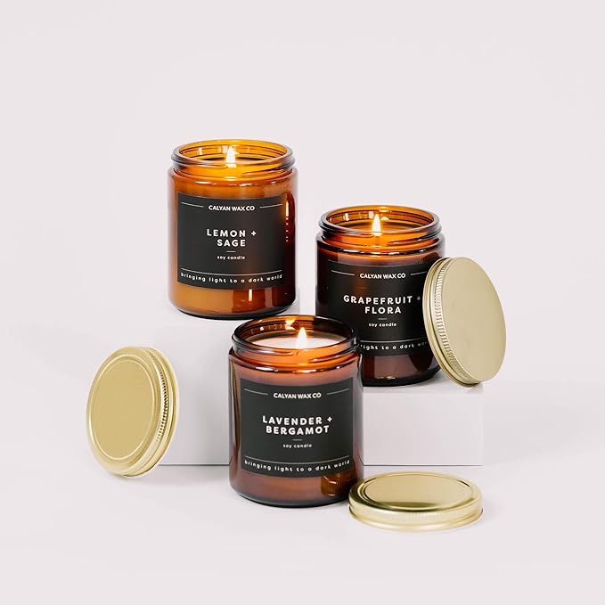 Calyan Wax Co. Soy Wax Candle, Cedar + Tobacco Scented Candle, 57 Hour Burn Time, Aromatherapy Soy Candles, Non Toxic & Vegan Soy Wax, Amber Glass Jar Scented Candles, 7.2oz