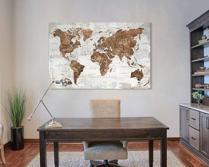 Large Wall Art Vintage Brown World Map Canvas Pictures for Men Home Office Bedroom Wall Decor for Living Room Oversize Artwork