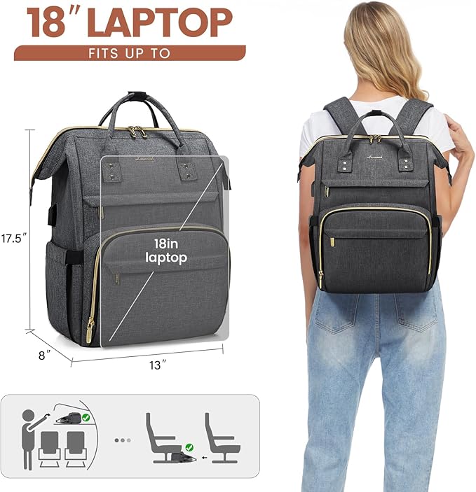 LOVEVOOK Laptop Backpack for Women,18 Inch Professional Womens Travel Backpack Purse Computer Laptop Bag Nurse Teacher Backpack,Waterproof College Work Bags Carry on Back Pack with USB Port,Dark Grey