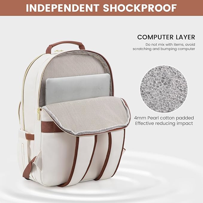LOVEVOOK Laptop Backpack for Women 15.6 inch,Cute Womens Travel Backpack Purse,Professional Laptop Computer Bag,Waterproof Work Business College Teacher Bag Carry on Backpack with USB Port,White Brown