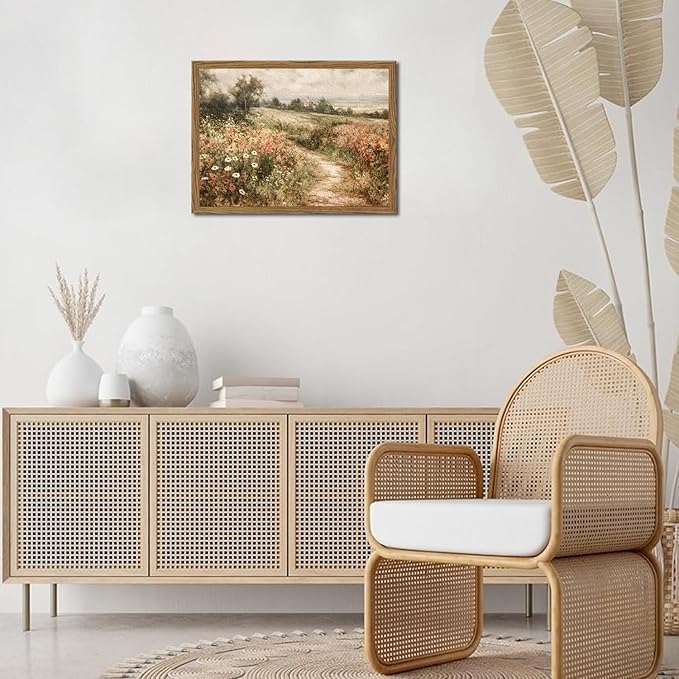 Framed 3D Textured Wall Art, Vintage Landscape Wall Decor Painting, Hand Drawn Sandstone Country Watercolor Floral Pictures Artwork for Living Room Bedroom Home Decor 16x24 inch Wood Frame