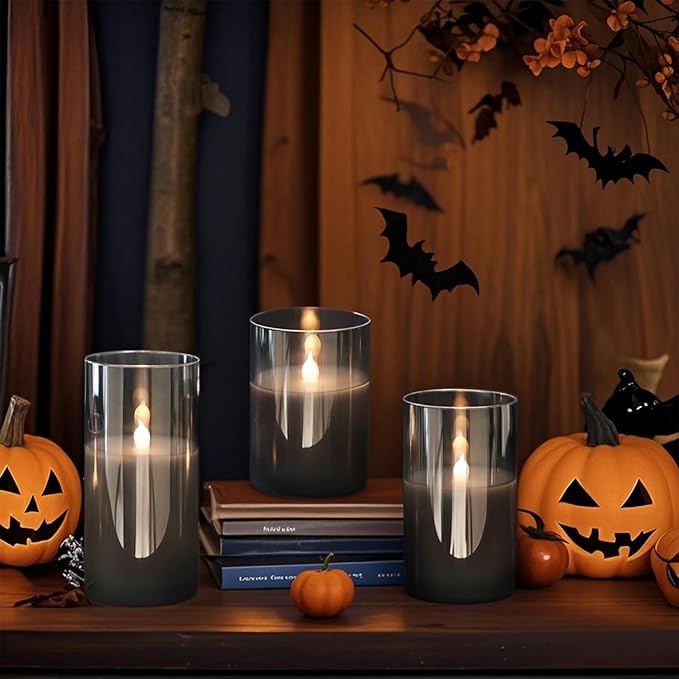 GenSwin Rechargeable Candles with Remote Timer, 3 Pack Glass Flameless Candles with Charging Base, Black LED Candles Flickering Battery Operated for Halloween Home Decorations(Set of 3, D3” x H4”5”6”)