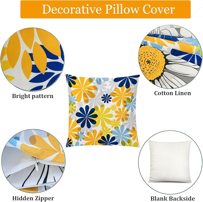COMMINY Yellow Blue Pillow Covers 18x18 Set of 6, Daisy Flower Throw Pillow Cover Case Rustic Square Cushion Cover for Sofa Bedroom Living Room Farmhouse Home Decor