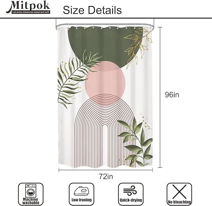 Pink Green Boho Shower Curtain 72Wx96H Extra Long Modern Bohemian Abstract Sage Green Gold Leaves Mid Century Plant Minimalist Bathroom Decor Arch Bath Curtain Fabric Polyester 12 Pack Hooks