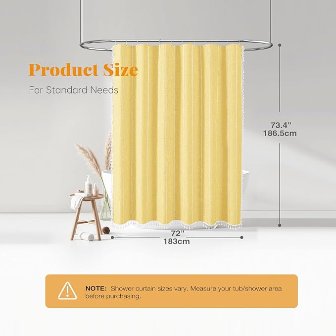 BTTN Boho Farmhouse Shower Curtain, Linen Rustic Weighted Striped Fabric Shower Curtain with Tassel, Water Repellent, Modern Bohemian Vintage Country Cloth Shower Curtains for Bathroom, Yellow, 72x72