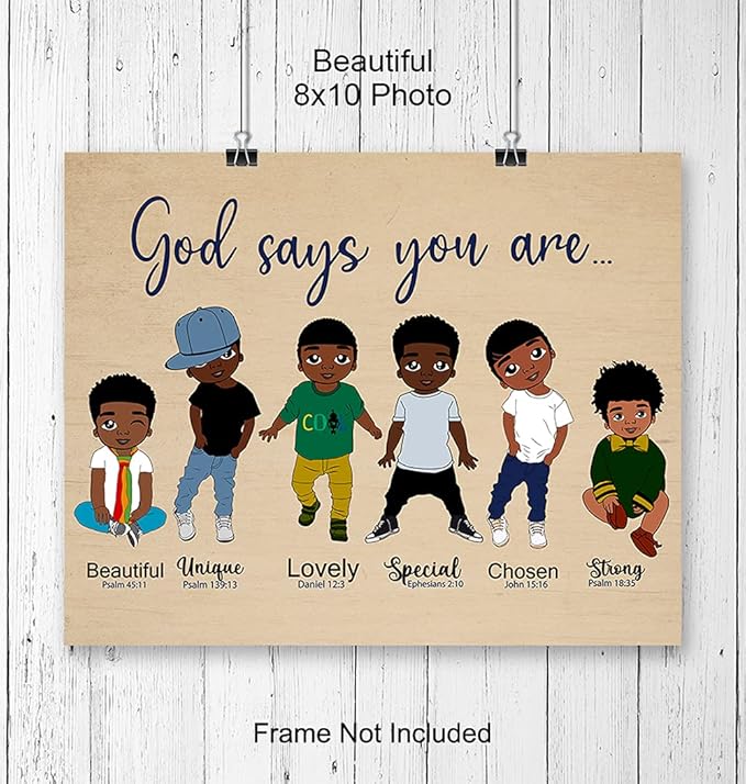 God Says You Are Wall Art - Religious Wall Decor for African American Boys - Christian Gifts - Scripture Decor - God Art - Black Boys Room Artwork - Motivational Inspirational Bible Verses