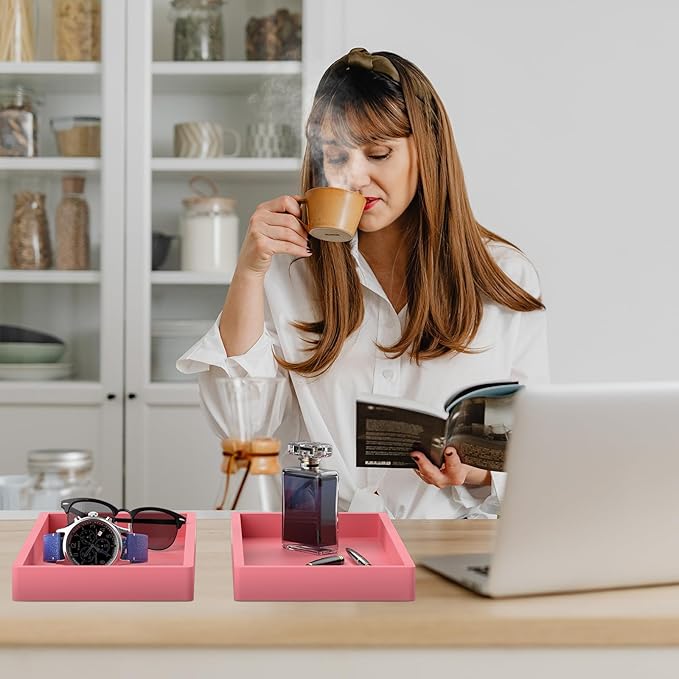 BBK Bathroom Vanity Tray 7.8 in - 2 Pack(Small) Silicone Bathroom Tray for Counter, Perfume Key Trinket Ring Tray, Decor Soap Dispenser Countertop Tray for Kitchen Sink Organization (Pink)