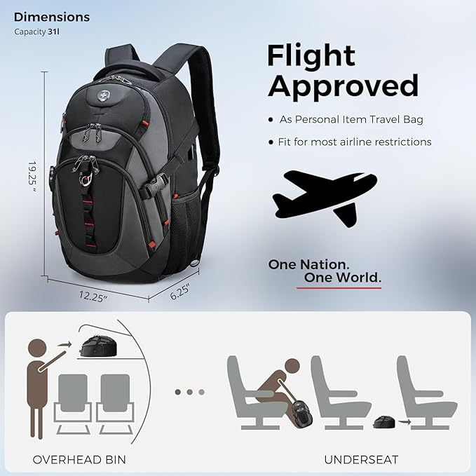 Swissdigital Design Laptop Backpack with USB Charging Port, Travel Backpack Fits 15.6 inches Computer, 31L College School Backpack for Men, Black/Grey | SD803