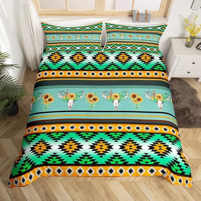Feelyou Bohemia Duvet Cover Set Retro Geometric Boho Style Comforter Cover for Kids Adults Skull Sunflowers Bedding Set Teal