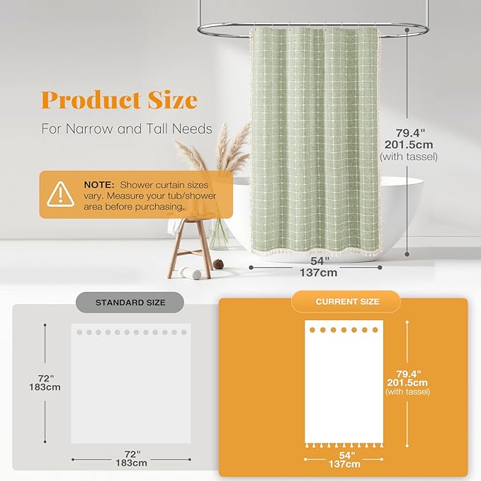 BTTN Stall Fabric Shower Curtain - 54 x 78 Inches Boho Linen Heavy Duty Tassel Shower Curtain Set with 10 Hooks, Narrow Rustic Modern Farmhouse Bohemian Thick Shower Curtains for Bathroom - Sage Green