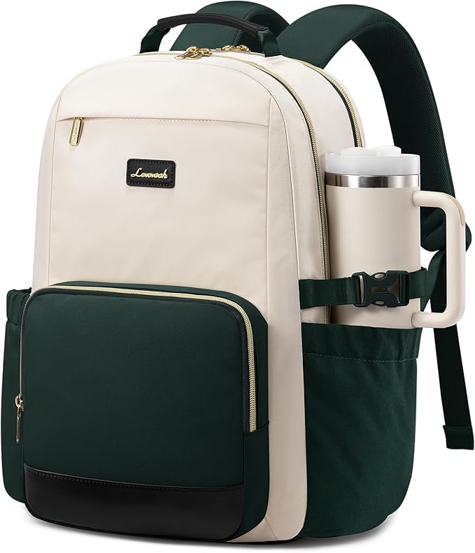 LOVEVOOK Laptop Backpack for Women with Pouch Pocket for Large Capacity Cup,15.6 Inch Teacher Nurse College Work Backpack Purse,Waterproof Laptop Bag Computer Back Pack for Travel, Beige-Green-Black
