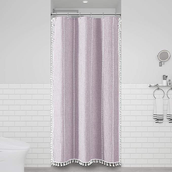 BTTN Boho Shower Stall Curtain - 36x72 Narrow Linen Thick Striped Tassel Fabric Shower Curtain Set with 6 Hooks, Half Modern Farmhouse Cottage Decorative Cloth Shower Curtains for Bathroom - Lavender