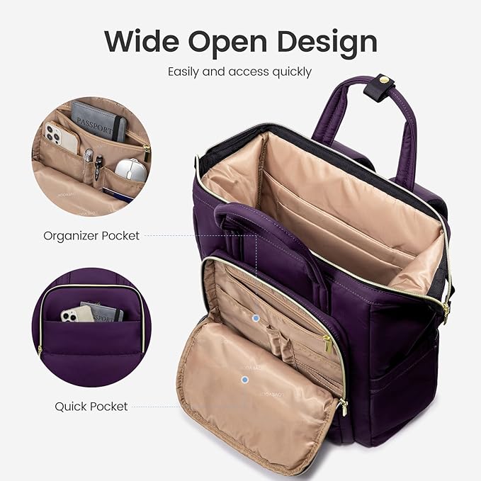 LOVEVOOK Laptop Backpack Women 15.6 inch,Lightweight Puffer Travel Backpacks for Women,Quilted Laptop Bag Computer Work Teacher Nurse Backpack,Womens Backpack Purse for College Business,Dark Purple