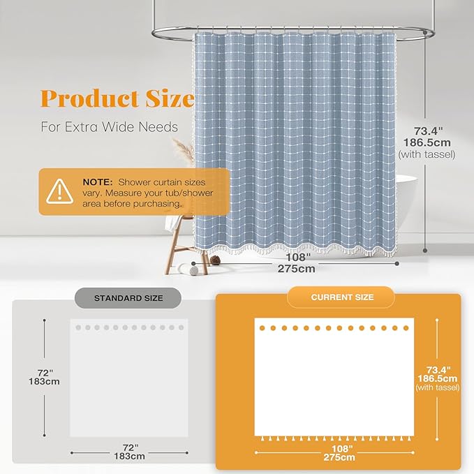 BTTN Extra Wide Shower Curtain - 108x72 Inch Boho Farmhouse Fabric Weighted Linen Shower Curtain Set with 18 Hooks, Large Country Hotel Neutral Waterproof Cloth Shower Curtains for Bathroom, Blue