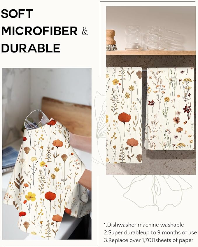 Microfiber Kitchen Towels - Set of 2 Dish Towels for Kitchen 18 x 26 Inch Home Decoration Grow Flower Cute Spring Hand Towels Soft & Absorbent Aesthetic Design