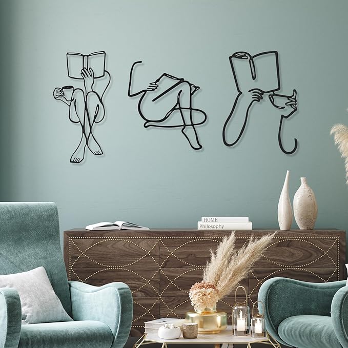 3 Pcs Metal Wall Art Decor Minimalist Abstract Woman Wall Art Metal Modern Line Drawing Decor Female Single Line Home Hanging for Bedroom Kitchen Bathroom Living Room(Book)
