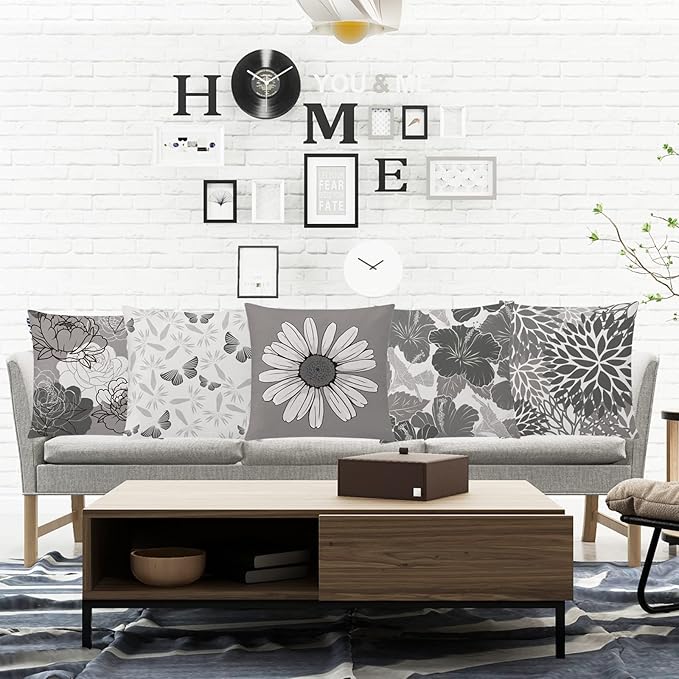 Grey Pillow Cover 16x16 Set of 6 Daisy Dhalia Throw Pillow Covers Square Cushion Covers for Couch Sofa Living Room Home Decor