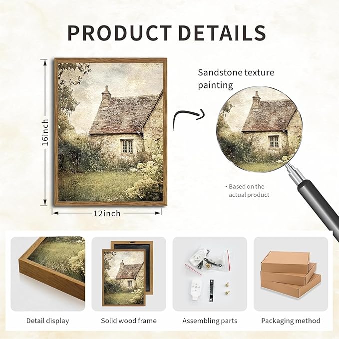 Vintage Farmhouse Wall Art, 3D Textured Nature Landscape Wall Decor Paintings, Hand Drawn Sandstone Farm House Picture Prints Artwork for Bedroom Living Room 12x16 inch Wood Framed