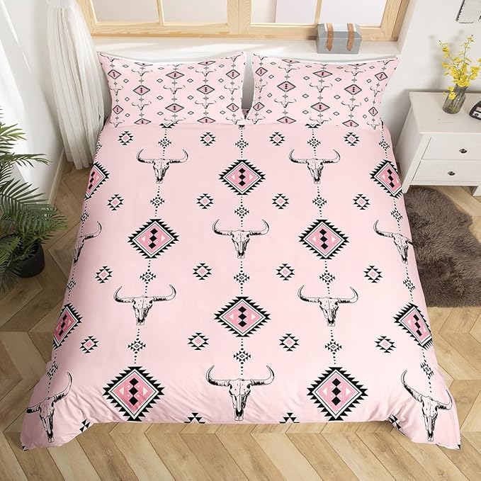 Castle Fairy Tribal Geometry Duvet Cover Queen Size,Western Farmhouse Native Ethnic 3 Pcs Quilt Cover(No Filler),Cowgirl Pink Bedding Set with 2 Pillowcases,Southwest Tribal Aztec Kids Room Decor
