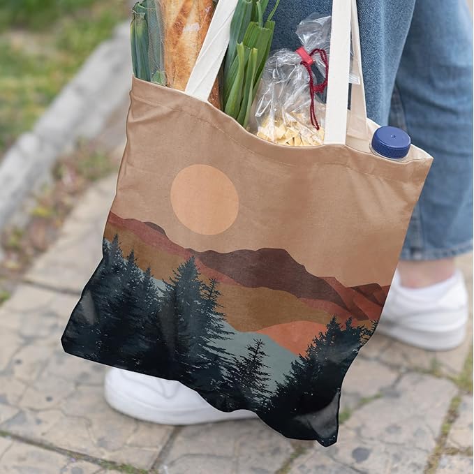 Boho Tote Bag Aesthetic, Minimalist Abstract Boho Terracotta Sun Sunshine Canvas Tote Bag for Women