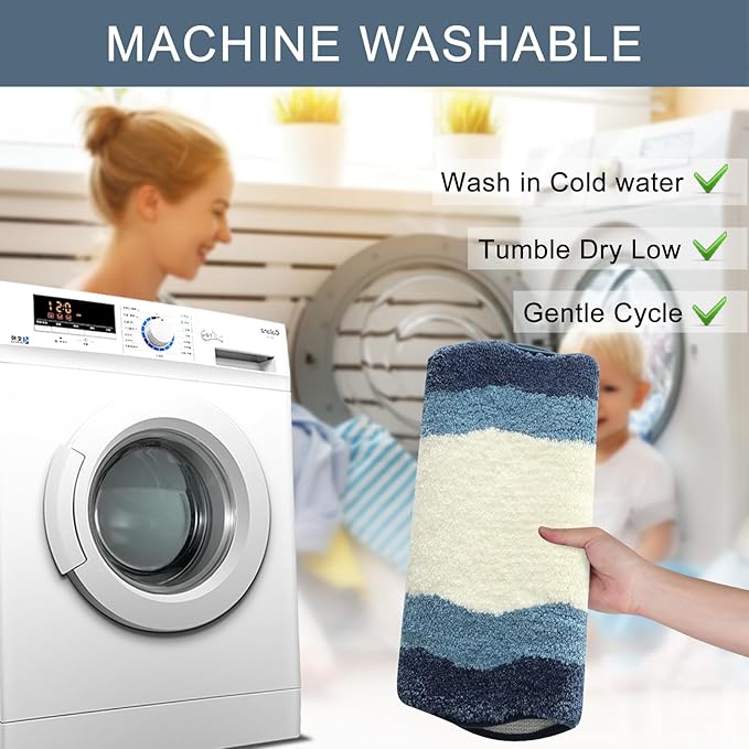 HAOCOO Bathroom Runner Rug 18x47 inch, Luxury Soft Non-Slip Long Bath Mat, Microfiber Machine Washable Blue Rug Runner Floor Mats for Bath Sink Tub Shower