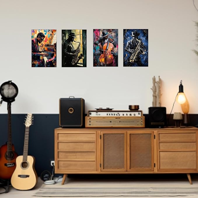 SWQYLB Black Music Wall Art Abstract Jazz Wall Decor African American Painting Canvas Musical Instruments Pictures Classroom Music Men Room Decor Framed (Blue, (12.00" x 18.00"))