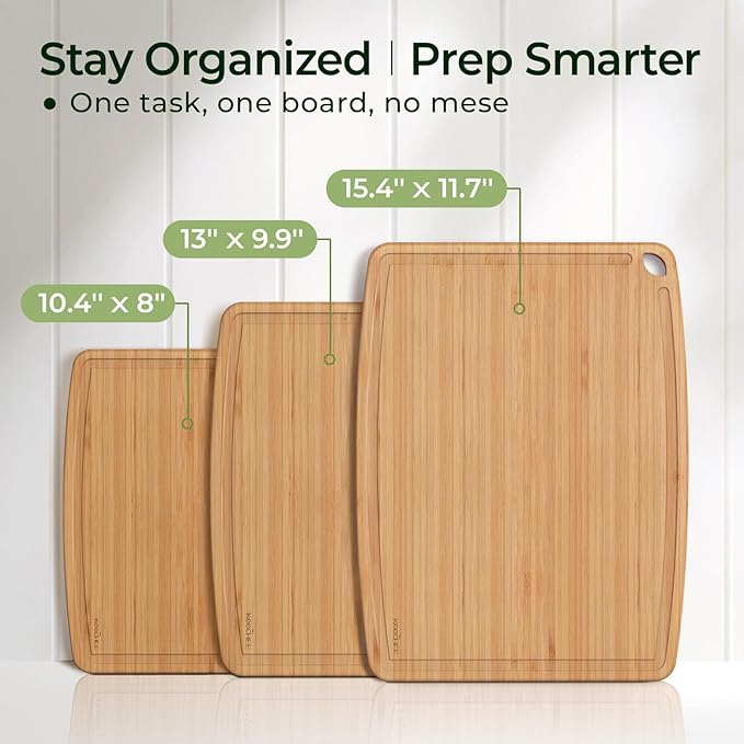 Dishwasher Safe Bamboo Cutting Boards Durable Lightweight Wood Cutting Board for Busy Kitchen, Easy Clean Wooden Chopping Boards with Juice Groove Set of 3 (L+M+S)