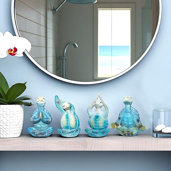 4PCS Yoga Sea Turtle Figurines,Meditation Zen Statue Decor Set for Bathroom Office Desk Table Shelf Ornament Beach Theme Gifts for Women Turtle Lovers Ocean Animal Resin Sculptures Decoration