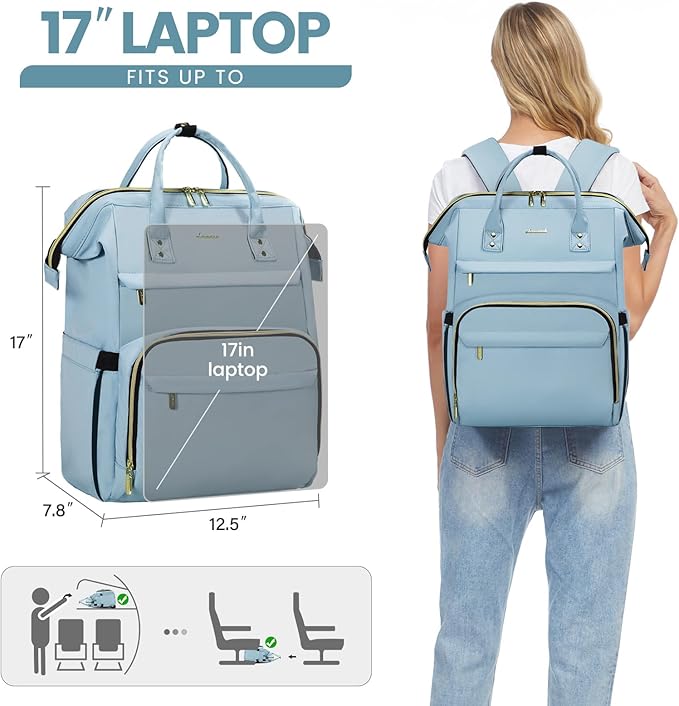 LOVEVOOK Laptop Backpack for Women,17 Inch Professional Womens Travel Backpack Purse Computer Laptop Bag Nurse Teacher Backpack,Waterproof College Work Bags Carry on Back Pack with USB Port,Sky Blue