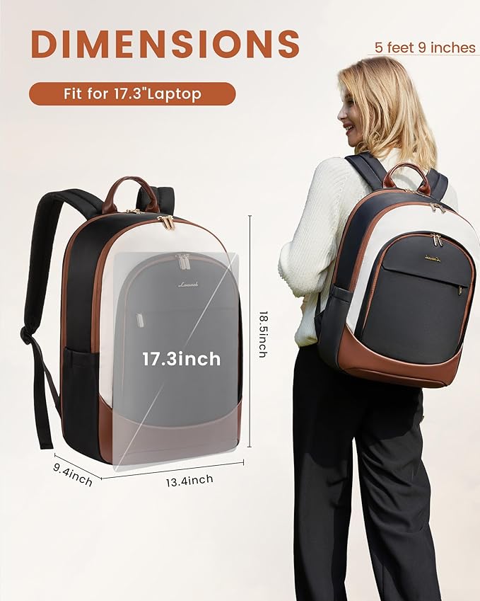 LOVEVOOK Laptop Backpack for Women, 17.3 Inch Work Backpack Purse, Large Capacity Casual Daypack, Business Computer Backpack, Travel Backpack for Nurse, Teacher, Black-White-Brown