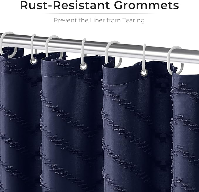 Navy Blue Fabric Shower Curtain Boho Tufted Chevron Striped Textured Cloth Curtains for Bathroom Farmhouse Shabby Chic Waterproof Set with Hook, Wrinkle Free