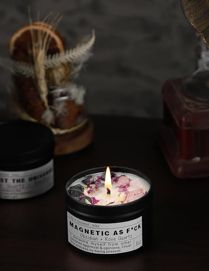 MAGNETIC AS F*CK Detachment Grounding Quartz Obsidian Protection Magic Attraction Manifestation Crystal Self Love Ritual Meditation Hande Made Chakra Candle(8oz).