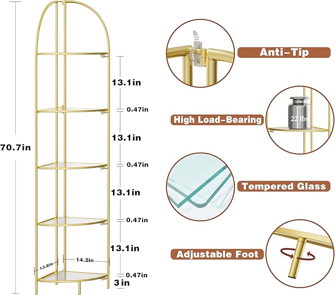 Crofy Foldable 5 Tier Corner Shelf, Metal Corner Plant Stand with Gold Frame and Transparent Shelves, Corner Display Rack Multipurpose Shelving Unit for Living Room, Bedroom, Bathroom