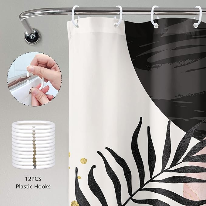 Black Pink Boho Shower Curtain Mid Century Modern Abstract Bohemian Minimalist Gold Leaves Sun Arch Geometric Plant 60Wx72H Bathroom Decor Neutral Bath Curtain Fabric Polyester 12 Pack Hooks