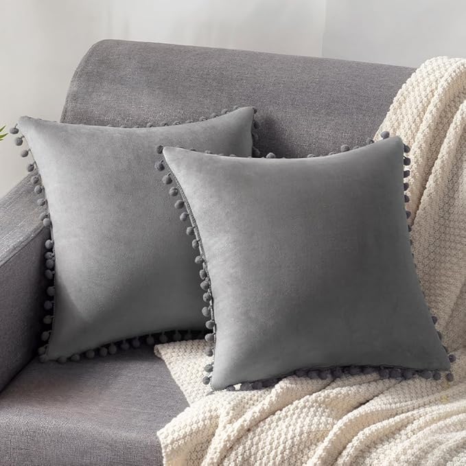 DEZENE Decorative Pillow Cases 16x16 Light-Grey: 2 Pack Cozy Soft Pom-poms Velvet Square Throw Pillow Covers for Farmhouse Home Decor