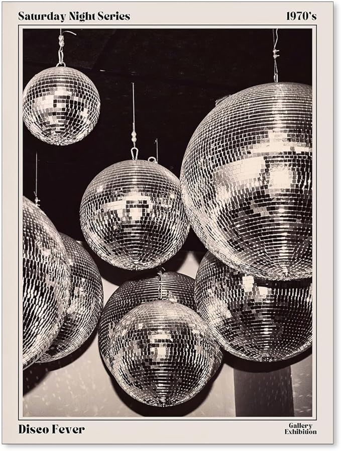 Sufeasdf 70s Disco Ball Newspaper Wall Art Vintage Black and White Art Posters Funky Aesthetic Canvas Prints Retro Bar Cart Decor for Bar Bedroom 12x16 inch Unframed