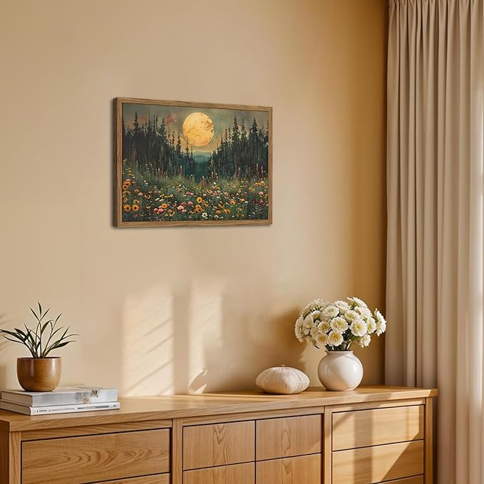 Vintage Forest Moon Wall Art, Nature Pine Tree Woodland Wall Decor Paintings, Dark Cottagecore Landscape 3D Textured Hand Drawn Sandstone Artwork for Bedroom Living Room 16x24 inch Wood Framed